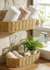 Corcoz® 2’li Duvar Askılı Plastik Rattan Organizer – Oval Hasır Görünümlü Mutfak Raf Sepeti, Banyo ve Ev İçi Düzenleme Ünitesi
