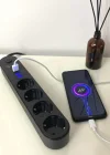 Corcoz® 4lü Siyah Anahtarlı 3 USB Li Akım Korumalı Topraklı Çocuk Korumalı Grup Priz 2 Metre