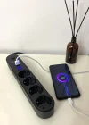 Corcoz® 4lü Siyah Anahtarlı 3 USB Li Akım Korumalı Topraklı Çocuk Korumalı Grup Priz 2 Metre