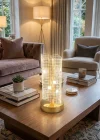 Corcoz® Dalgalı Silindirik Kristal Kareli Model LED Masa Lambası – Gold Tabanlı, Dokunmatik, 3 Renk Işık Modlu, Şarjlı Modern Dekoratif Gece Lambası