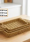 Corcoz® İç İçe Geçebilen 3’lü Dikdörtgen Plastik Rattan Tepsi Seti–Hasır Görünümlü Çok Amaçlı Servis ve Sunum Tepsileri