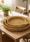 Corcoz® İç İçe Geçebilen 3’lü Yuvarlak Plastik Rattan Tepsi Seti–Hasır Görünümlü Çok Amaçlı Servis ve Sunum Tepsileri