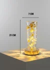 Corcoz® Silindirik Kristal Altın Toz Model LED Masa Lambası – Gold Tabanlı, Dokunmatik, 3 Renk Işık Modlu, Şarjlı Modern Dekoratif Gece Lambası
