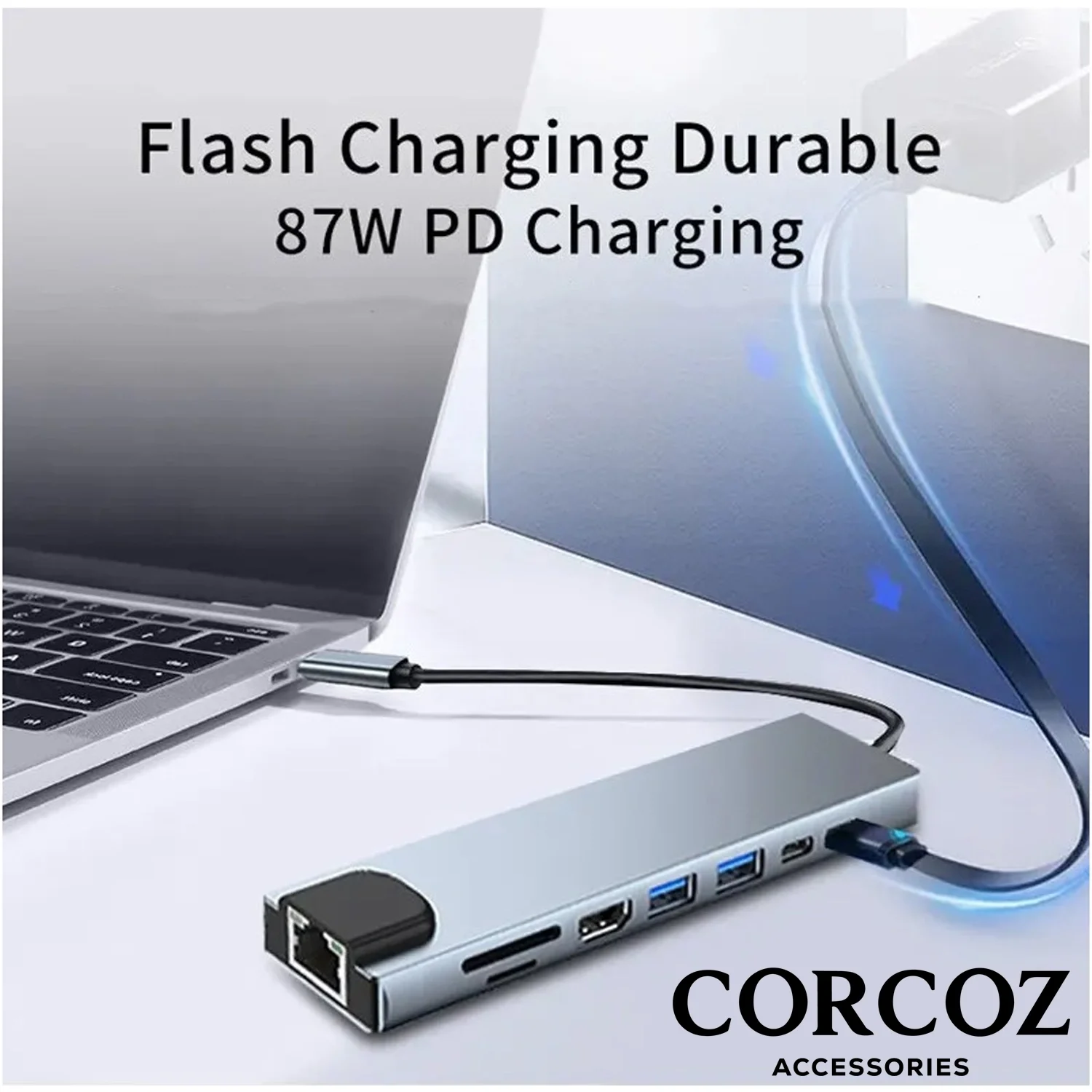 Corcoz 8in1 USB Type-C Hub Port Adaptör 4K HDMI USB Ethernet 100W PD Girişli Macbook Çevirici Hub Adaptör - CZ56