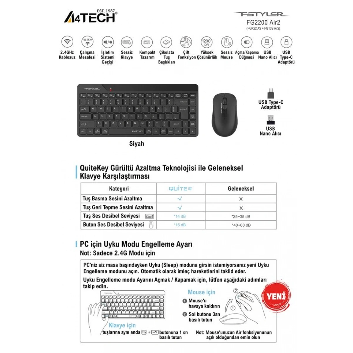 A4 TECH FG2200 AIR2 2.4 SİYAH QMİNİ FN-MM KABLOSUZ SESSİZ SET