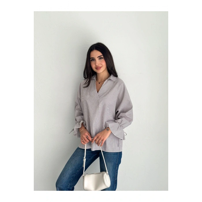 Çizgi Desenli Kolu Bağlamalı Bluz Gömlek