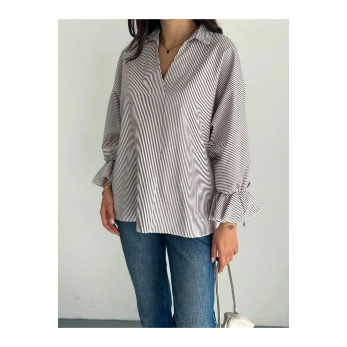 Çizgi Desenli Kolu Bağlamalı Bluz Gömlek