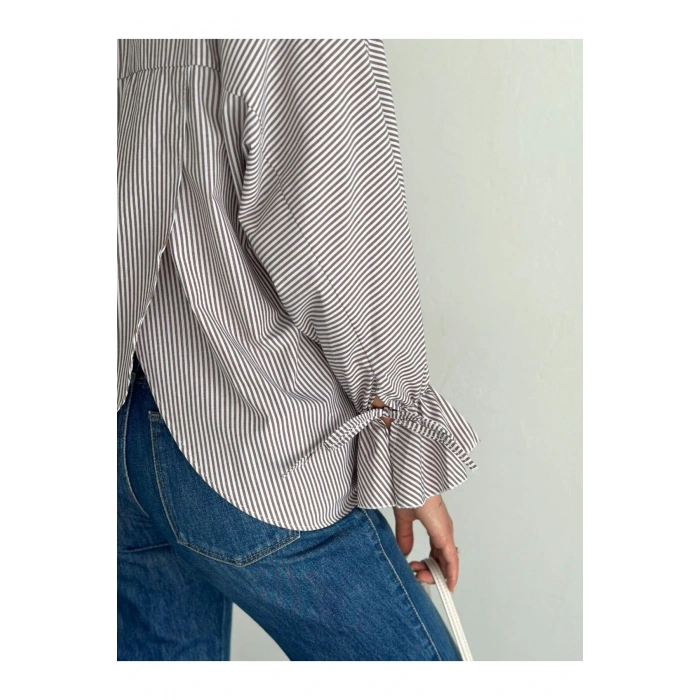 Çizgi Desenli Kolu Bağlamalı Bluz Gömlek