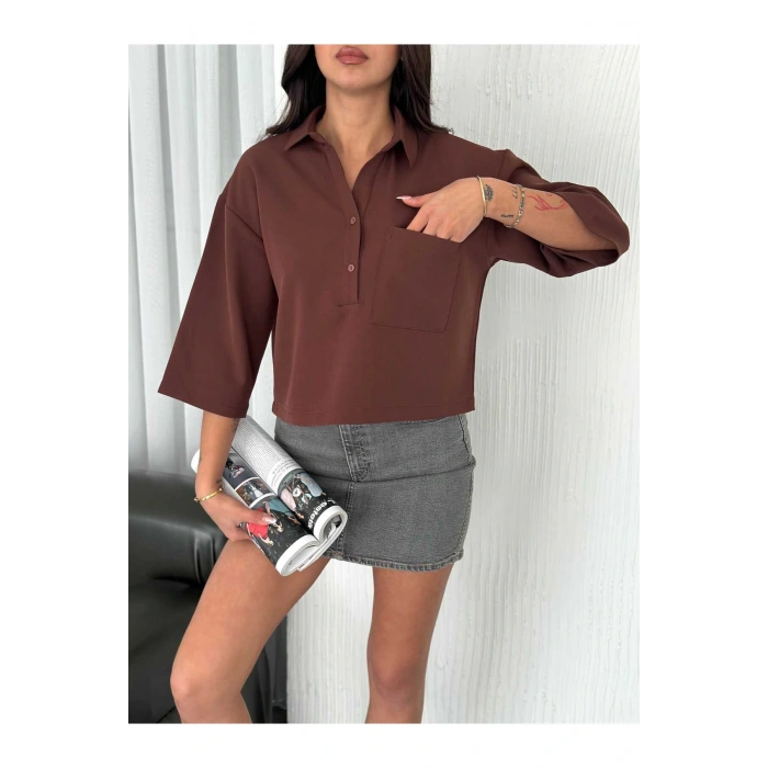 Cep Detaylı Gömlek Yakalı Crop