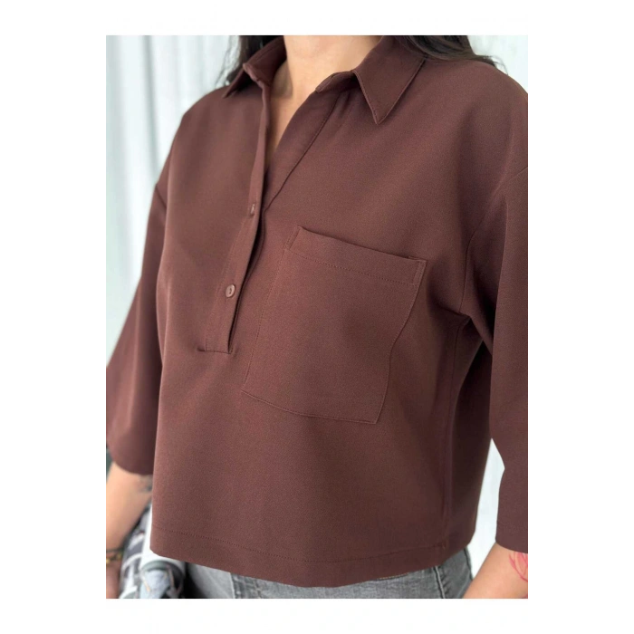 Cep Detaylı Gömlek Yakalı Crop