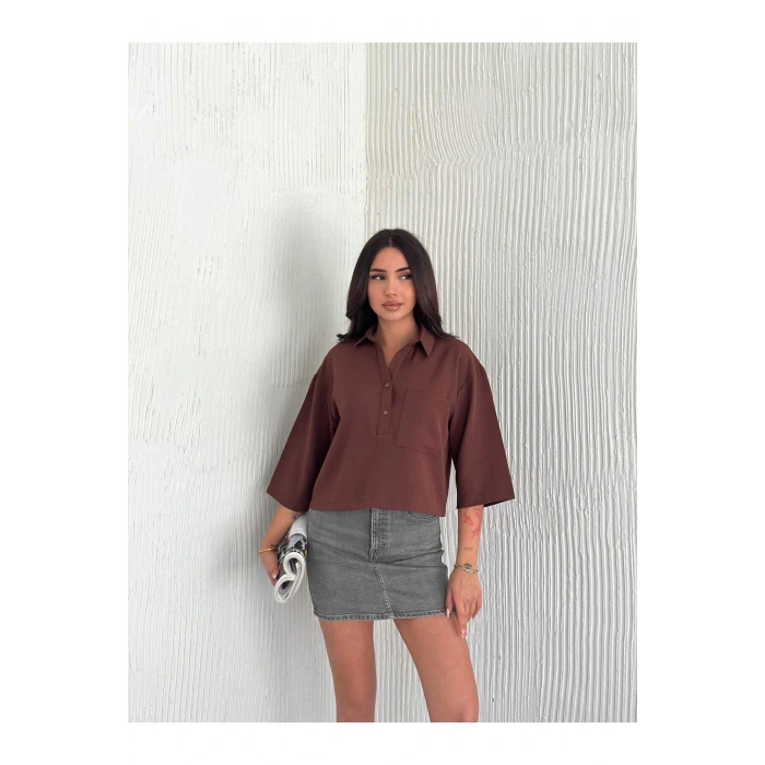 Cep Detaylı Gömlek Yakalı Crop