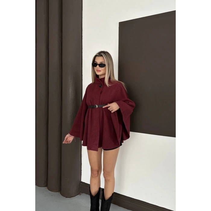 Kemer Detaylı Kaşe Bordo Panço