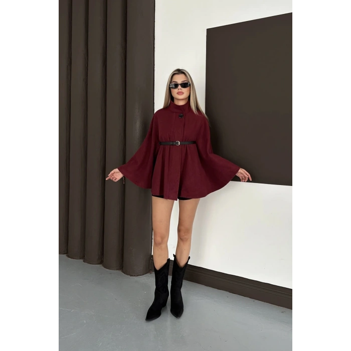 Kemer Detaylı Kaşe Bordo Panço