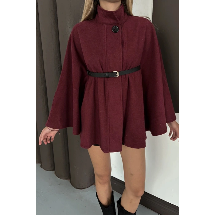 Kemer Detaylı Kaşe Bordo Panço