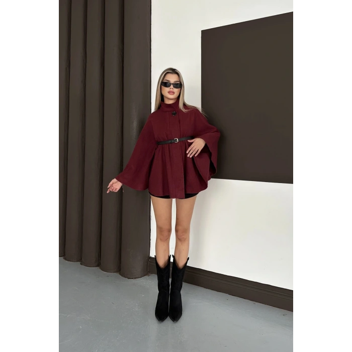 Kemer Detaylı Kaşe Bordo Panço