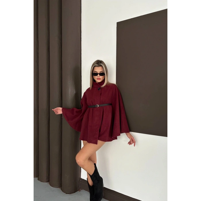 Kemer Detaylı Kaşe Bordo Panço