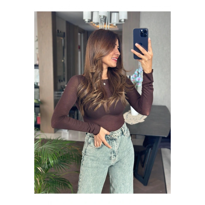 Kahverengi Transparan Geniş Yakalı Uzun Kol Kadın Bluz