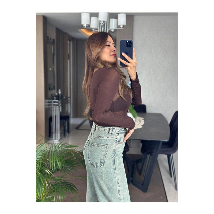 Kahverengi Transparan Geniş Yakalı Uzun Kol Kadın Bluz