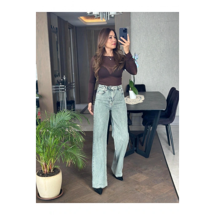 Kahverengi Transparan Geniş Yakalı Uzun Kol Kadın Bluz