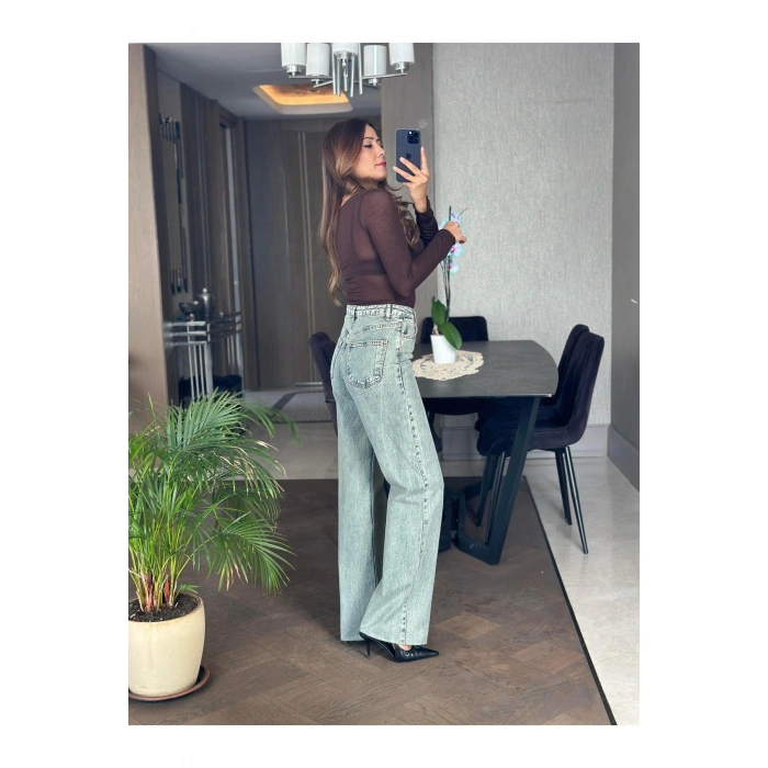 Kahverengi Transparan Geniş Yakalı Uzun Kol Kadın Bluz