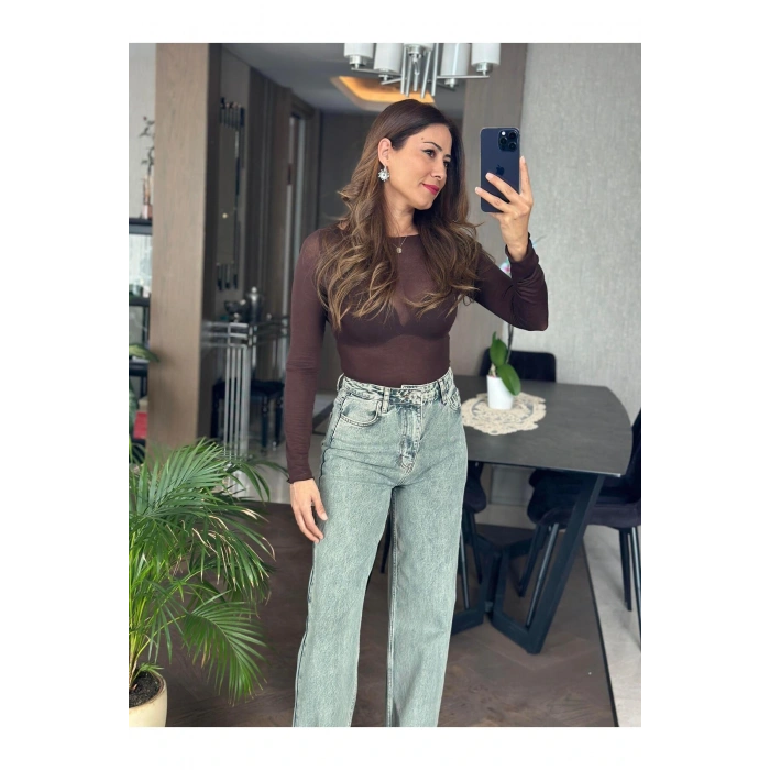 Kahverengi Transparan Geniş Yakalı Uzun Kol Kadın Bluz