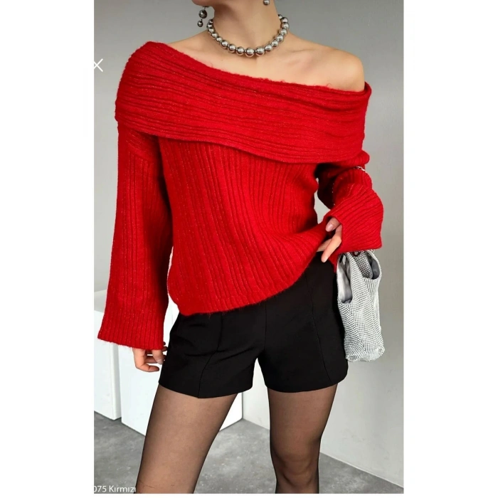 Kadın Füme Degaje Yaka Omuz Açık Fitilli Katlama Detaylı Kazak