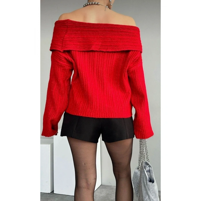 Kadın Füme Degaje Yaka Omuz Açık Fitilli Katlama Detaylı Kazak