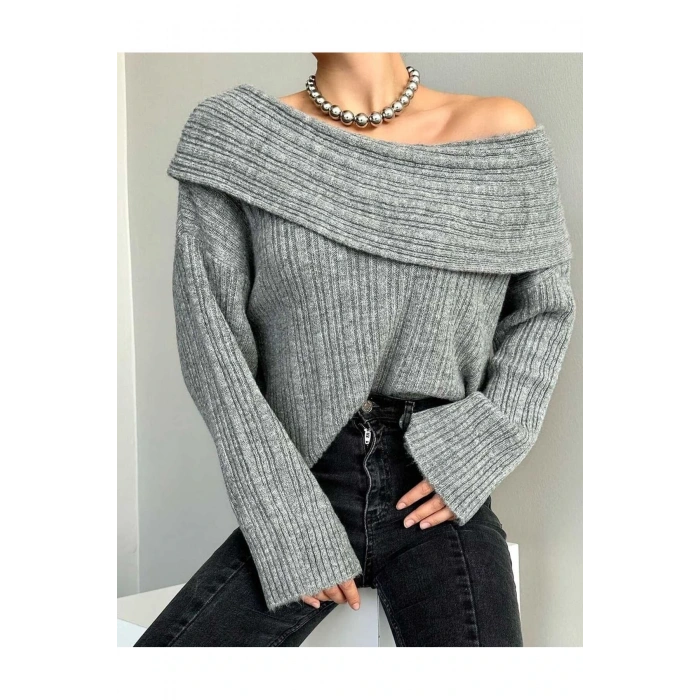 Omuz Açık Katlamalı Madonna Yaka Fitilli Görünümlü Uzun Kollu Esnek Şık Triko Kazak