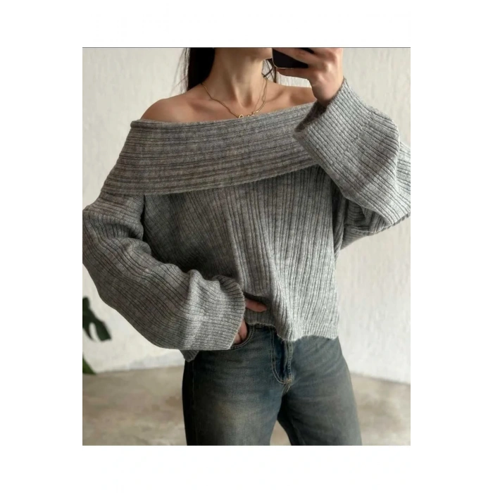 Omuz Açık Katlamalı Madonna Yaka Fitilli Görünümlü Uzun Kollu Esnek Şık Triko Kazak