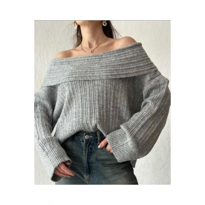 Omuz Açık Katlamalı Madonna Yaka Fitilli Görünümlü Uzun Kollu Esnek Şık Triko Kazak