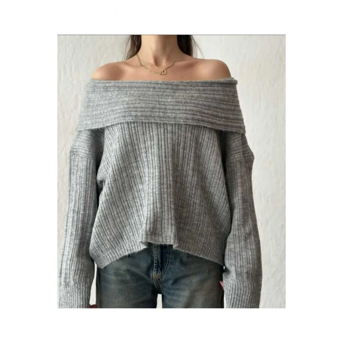 Omuz Açık Katlamalı Madonna Yaka Fitilli Görünümlü Uzun Kollu Esnek Şık Triko Kazak