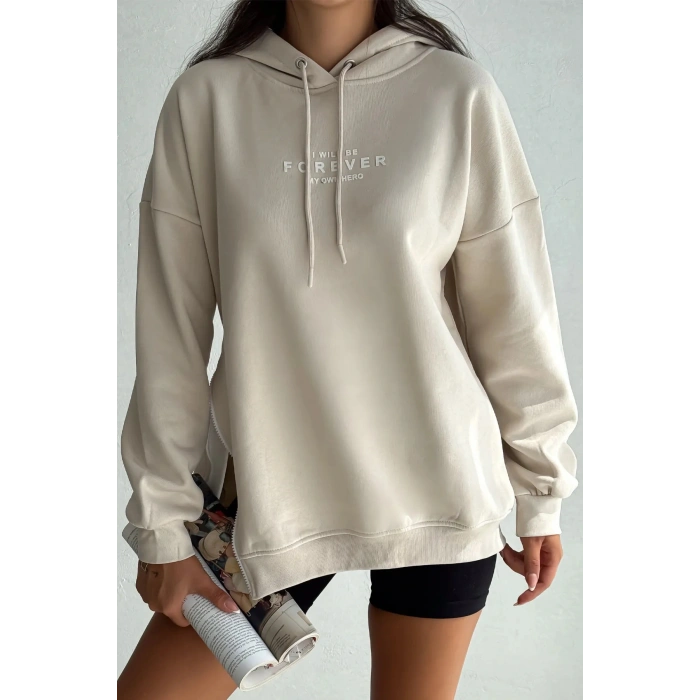 Yanı Fermuar Detaylı forever Baskılı Sweatshirt