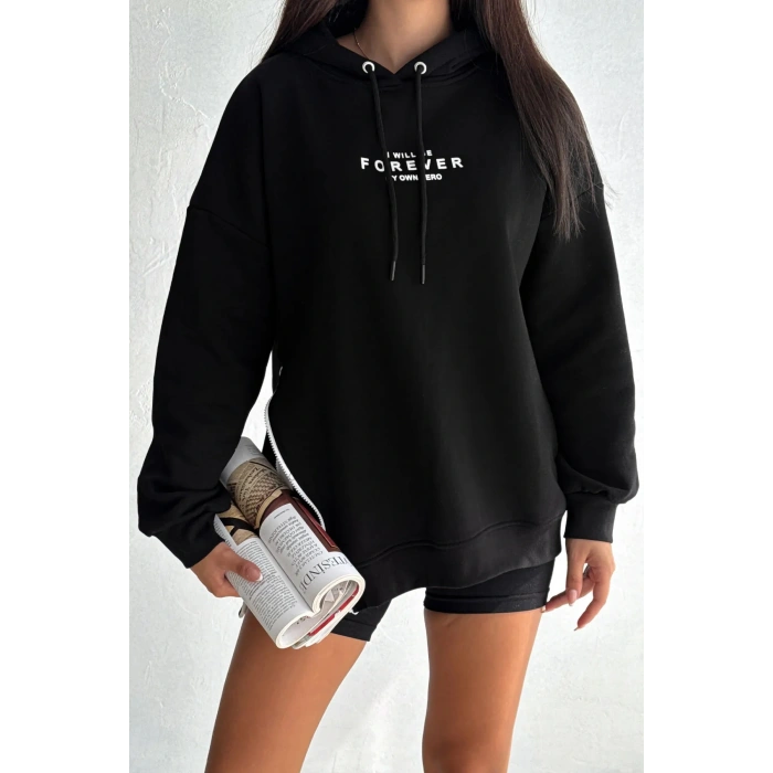 Yanı Fermuar Detaylı forever Baskılı Sweatshirt