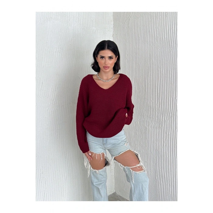 V Yaka Detaylı Modern ve Sade Örgü Kazak Modeli