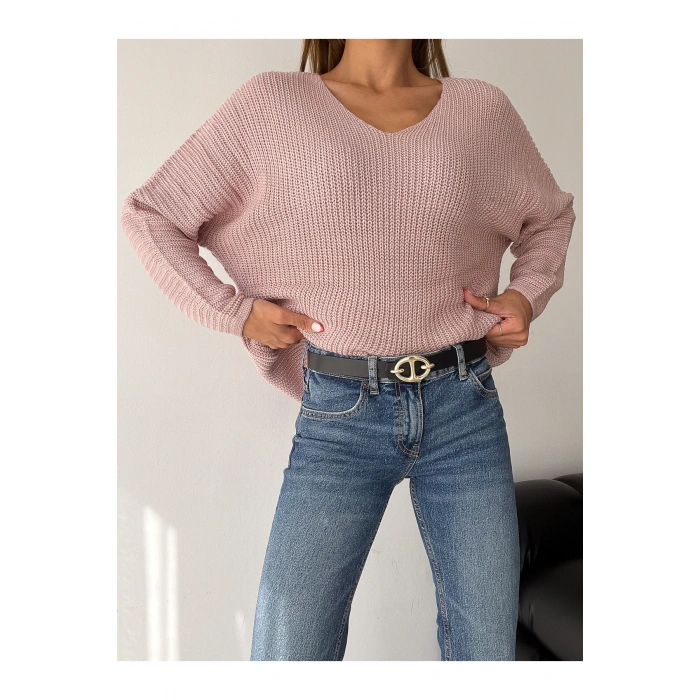 V Yaka Detaylı Modern ve Sade Örgü Kazak Modeli