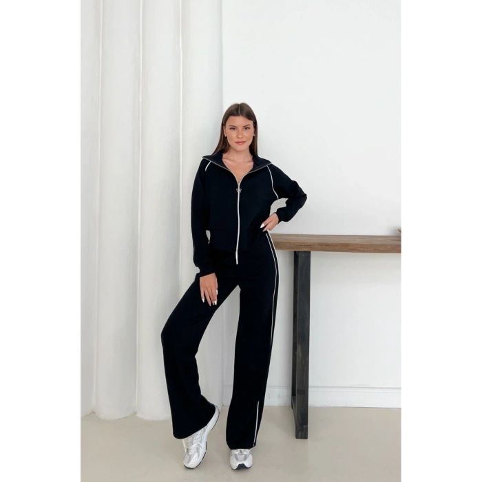 Siyah Modal Kumaş Şeritli Eşofman Takımı