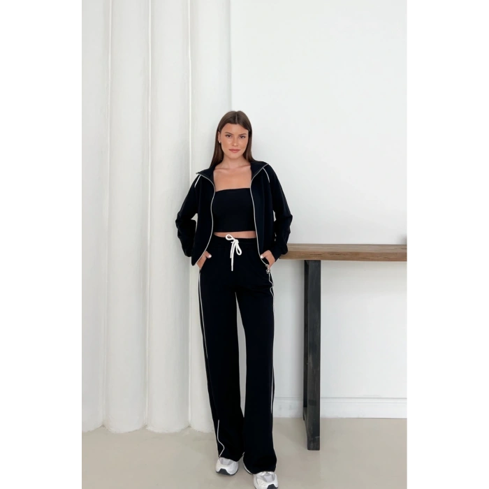 Siyah Modal Kumaş Şeritli Eşofman Takımı