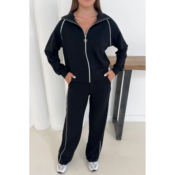 Siyah Modal Kumaş Şeritli Eşofman Takımı