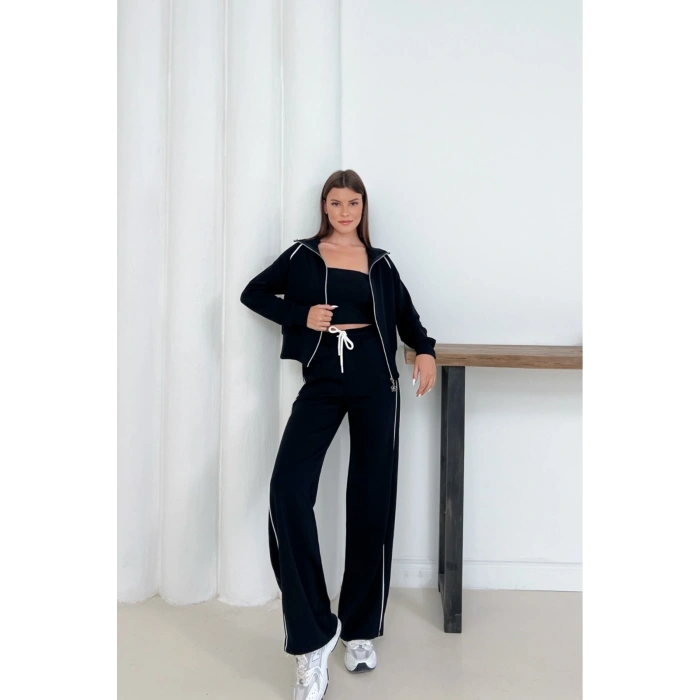 Siyah Modal Kumaş Şeritli Eşofman Takımı