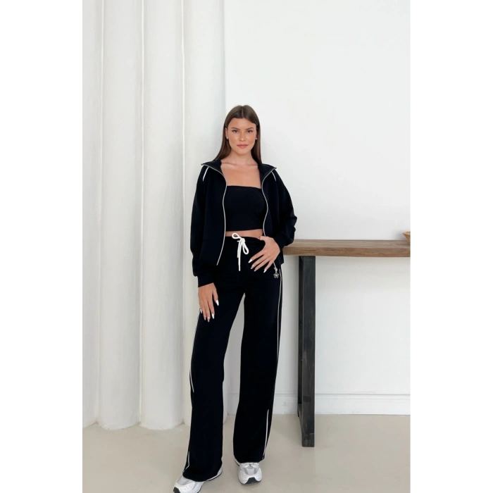 Siyah Modal Kumaş Şeritli Eşofman Takımı