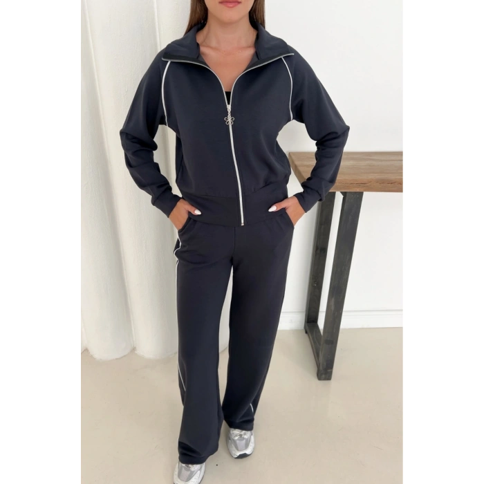 Antrasit Modal Kumaş Şeritli Eşofman Takımı