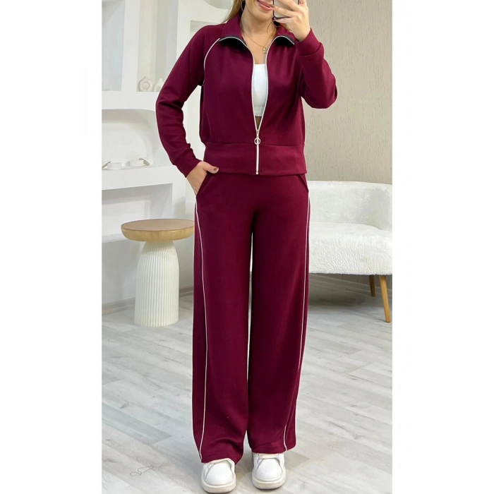 Bordo Modal Kumaş Şeritli Eşofman Takımı