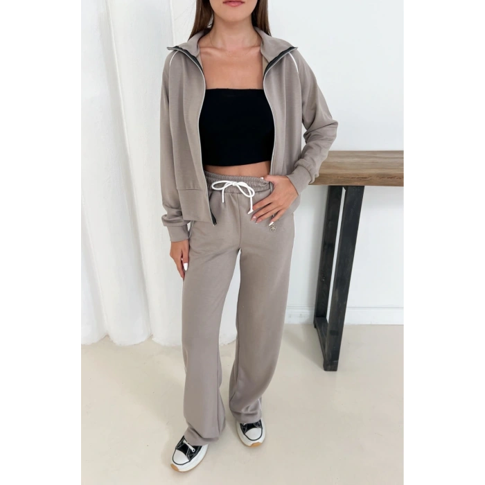 Bej Modal Kumaş Şeritli Eşofman Takımı