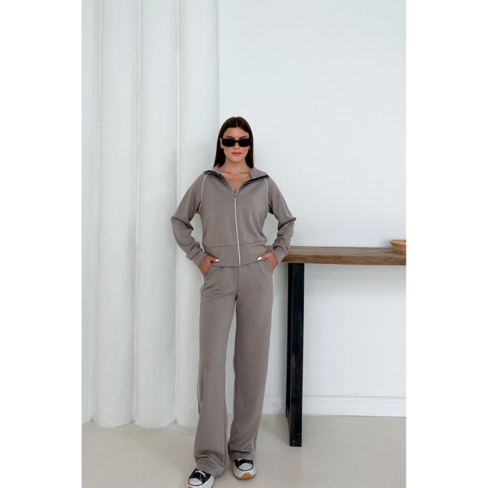 Bej Modal Kumaş Şeritli Eşofman Takımı