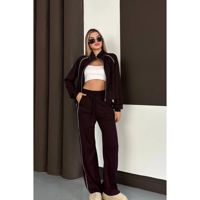 Kahverengi Modal Kumaş Şeritli Eşofman Takımı