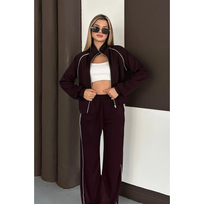 Kahverengi Modal Kumaş Şeritli Eşofman Takımı