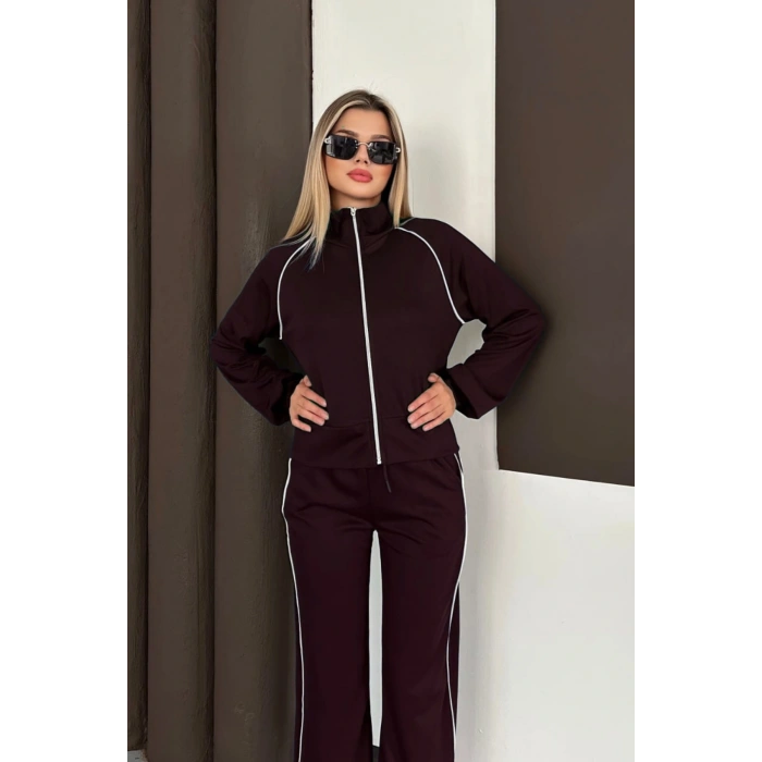 Kahverengi Modal Kumaş Şeritli Eşofman Takımı