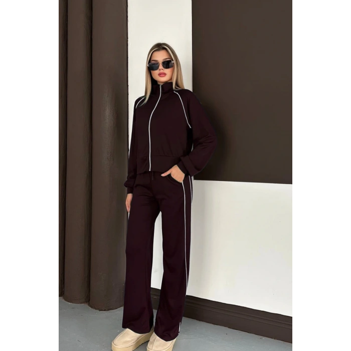 Kahverengi Modal Kumaş Şeritli Eşofman Takımı