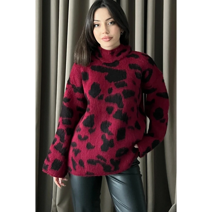 Leopar Desen Sakallı Triko Kazak