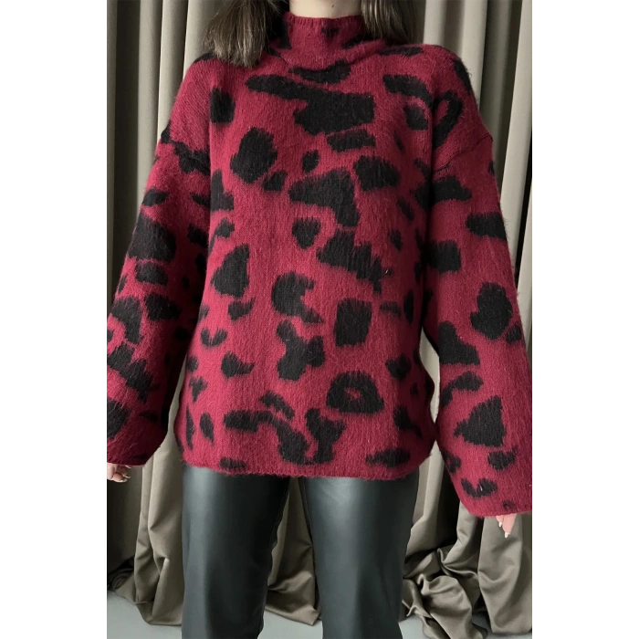 Leopar Desen Sakallı Triko Kazak